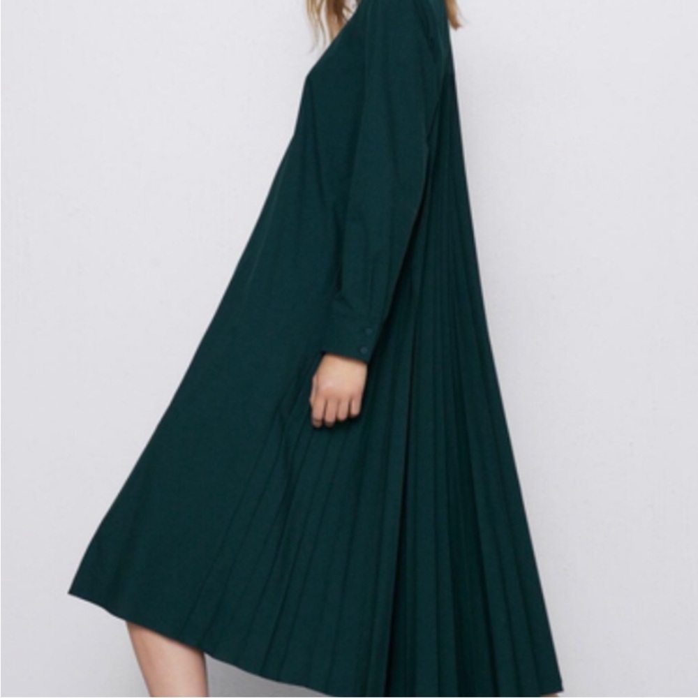 Zara Hunter Green Midi Pleated Dress - Picture 4 of 15